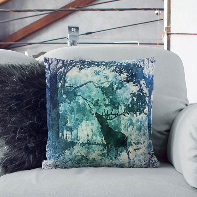Deer Stag In A Blue Forest In Abstract Square Throw Cushion With Filling